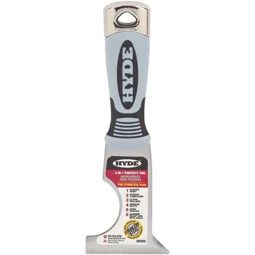 Hyde 06986 6-in-1 painter tool with metal hammer head and curved handle