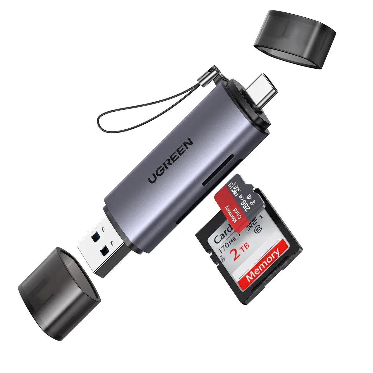 Compact silver USB-C card reader with SD and microSD slots