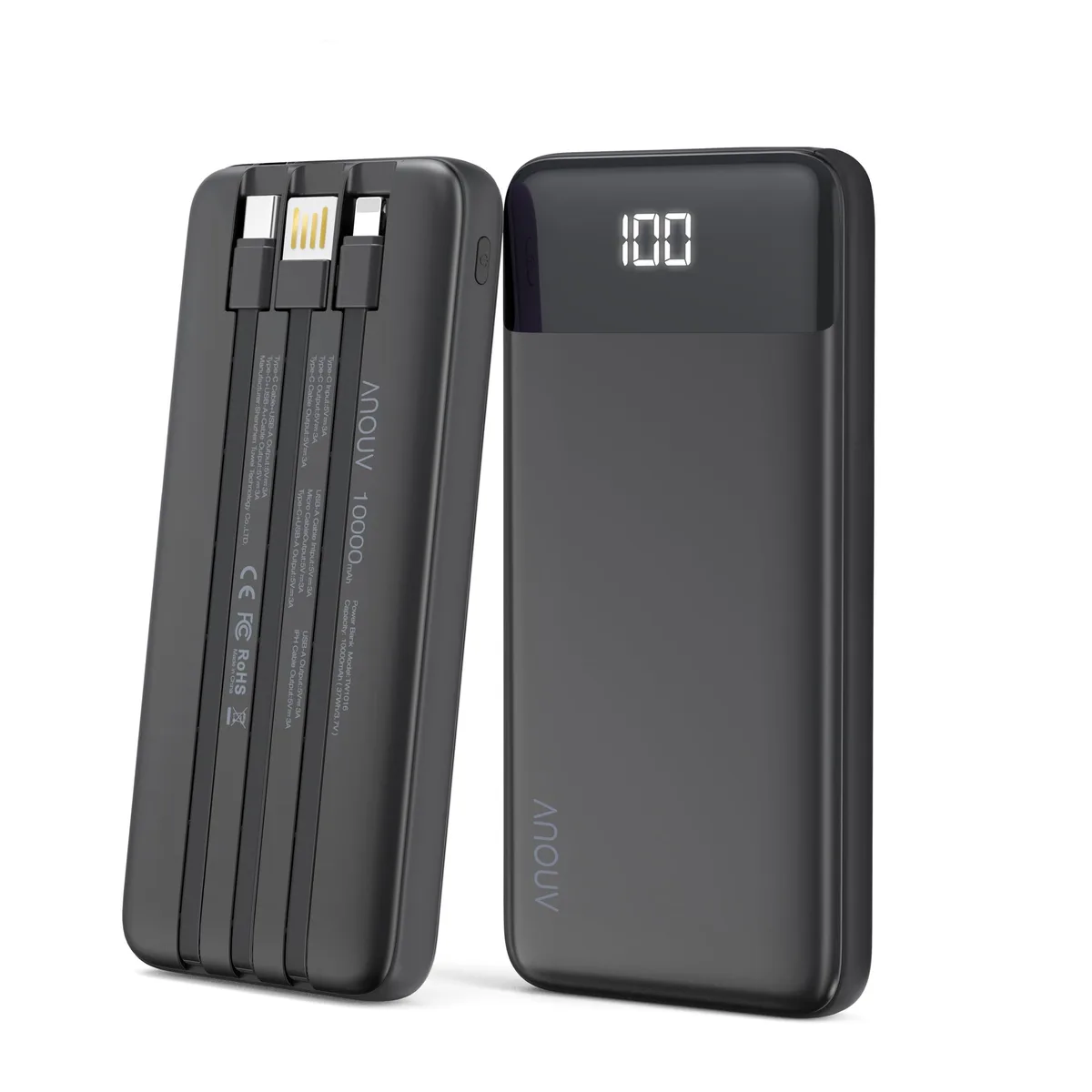  ANOUV TW1016-C 10000mAh power bank with built-in cables — product photo