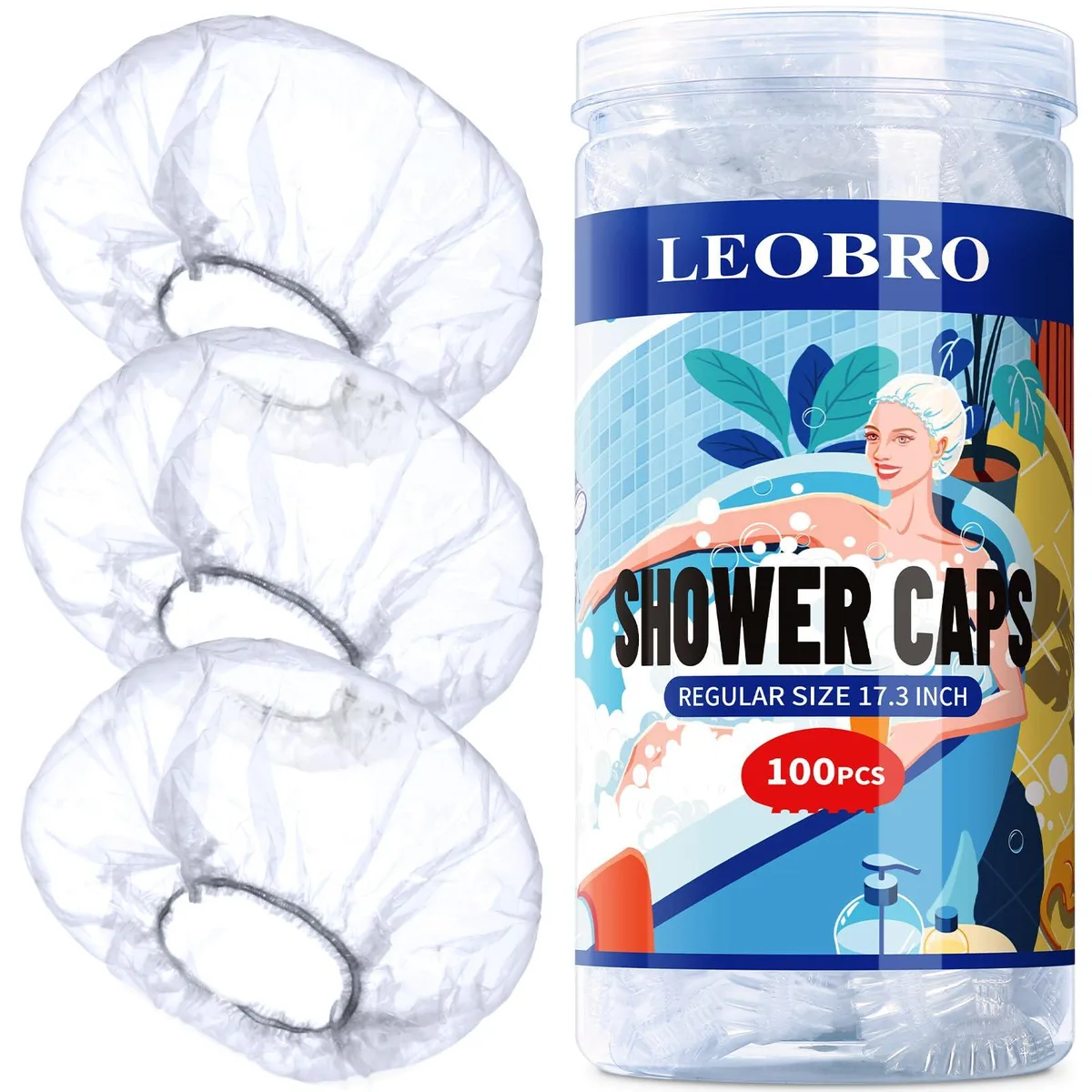 Pack of 100 clear disposable shower caps in plastic container