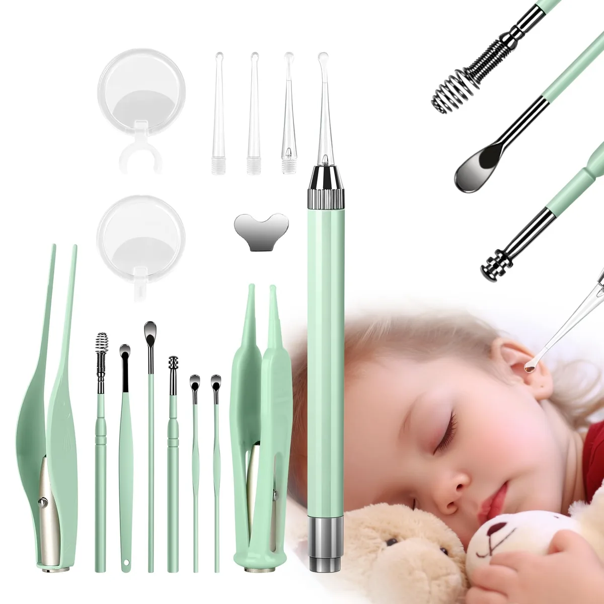 Green 15-piece ear cleaning kit with LED tools in metal case