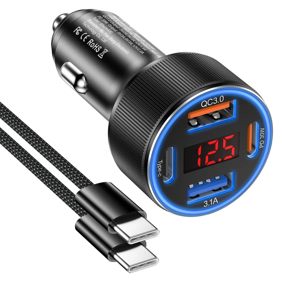 Black rectangular car charger with four USB ports, digital voltage display, blue LED ring, and six-foot braided USB-C cable attached