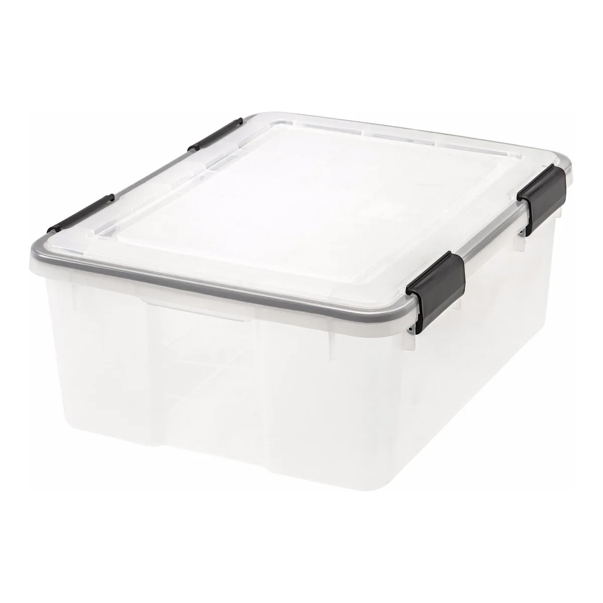 Clear plastic storage box with reinforced lid and four buckle latches