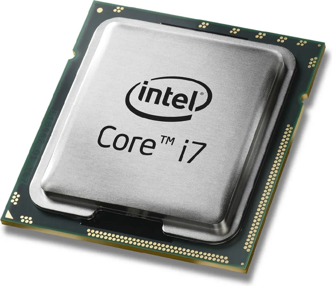 Silver rectangular processor with gold contacts on green substrate, no cooler included
