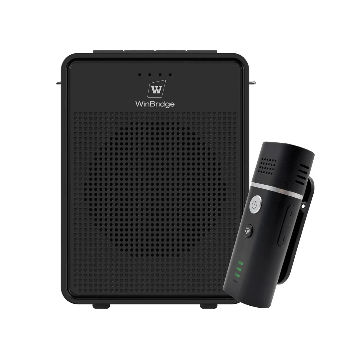 Black rectangular voice amplifier with clip-on lavalier microphone and shoulder strap