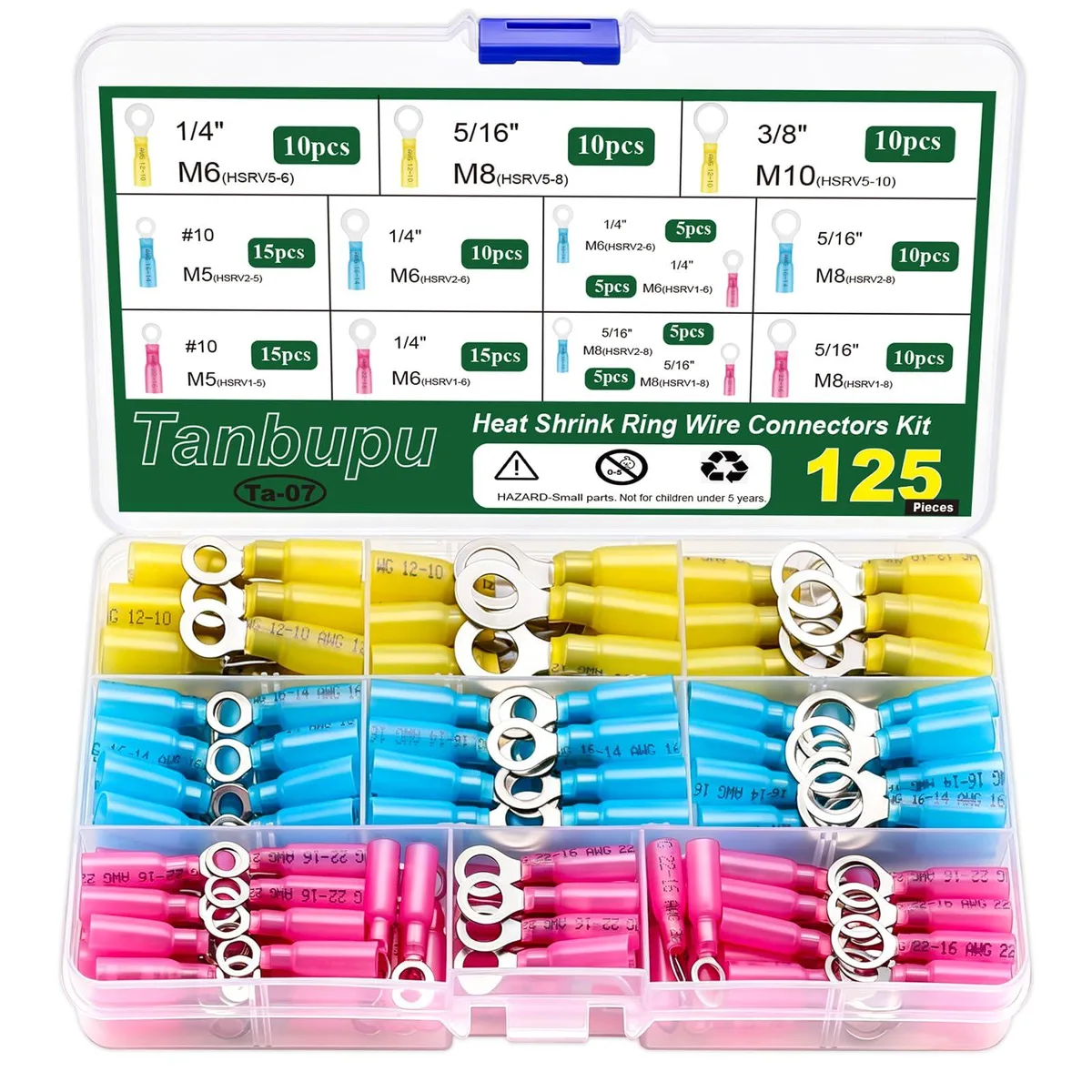 Plastic compartment box holding 125 heat-shrink ring terminals in red, blue and yellow