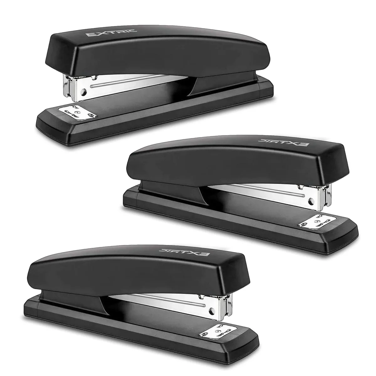 Three black metal desk staplers with rubber bases