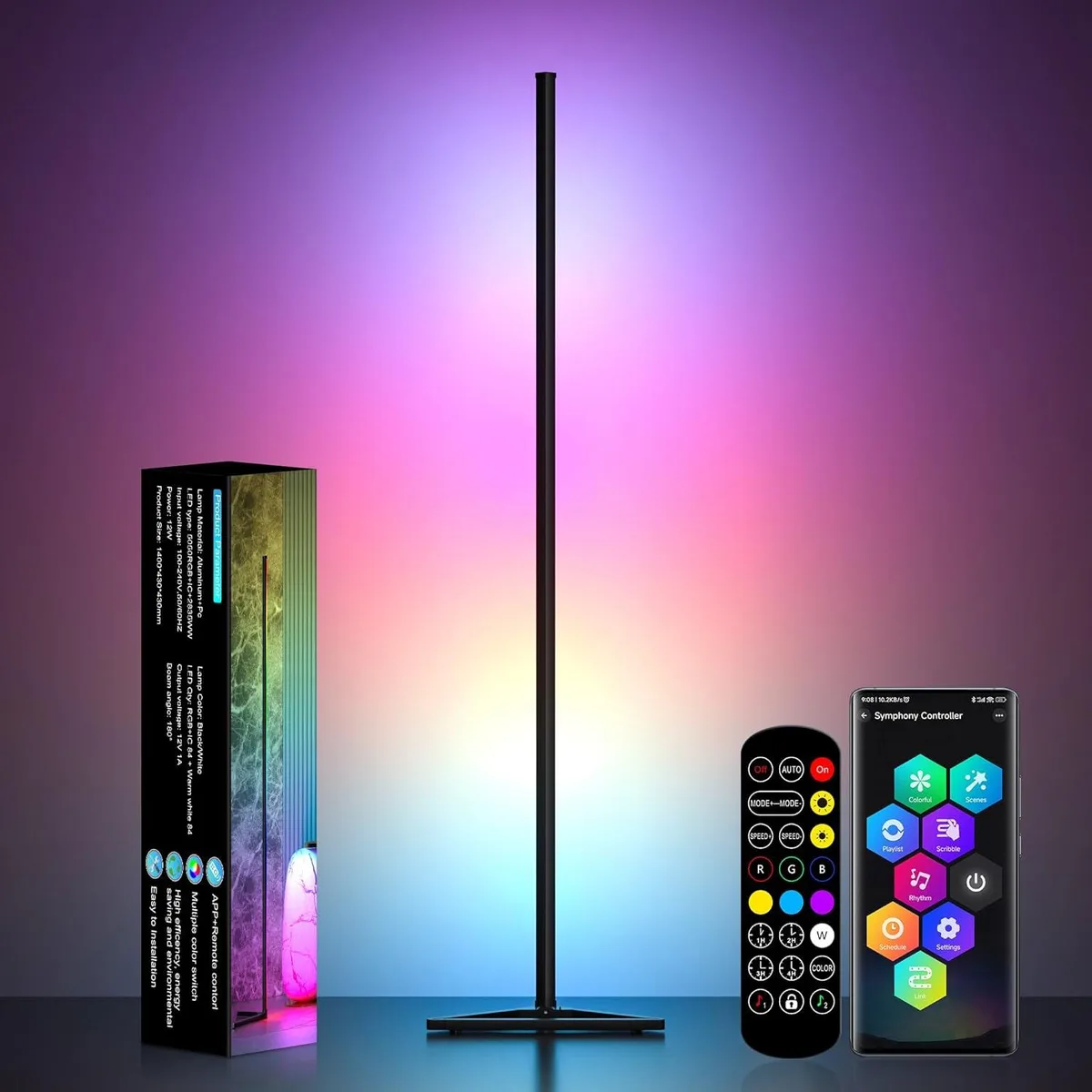 Tall black corner floor lamp standing 56 inches high with triangular base