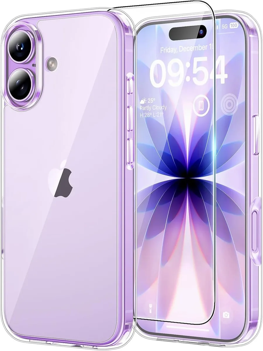 Clear slim case for iPhone 17 with screen protector, transparent back, textured sides