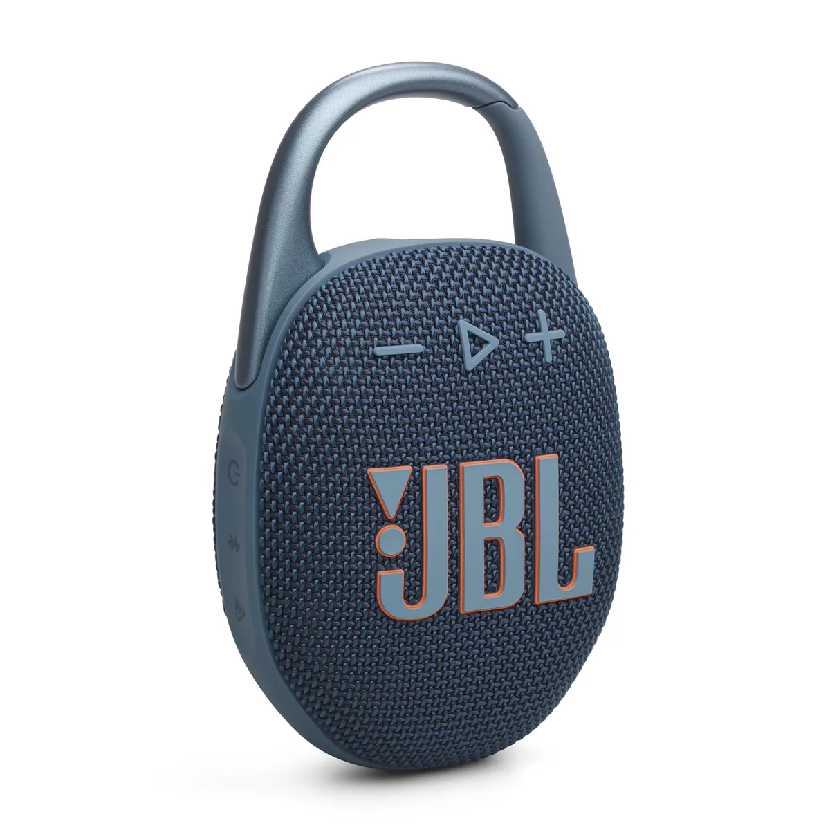 Small blue rectangular Bluetooth speaker with rounded edges and a wide black carabiner loop on top, fabric grille front