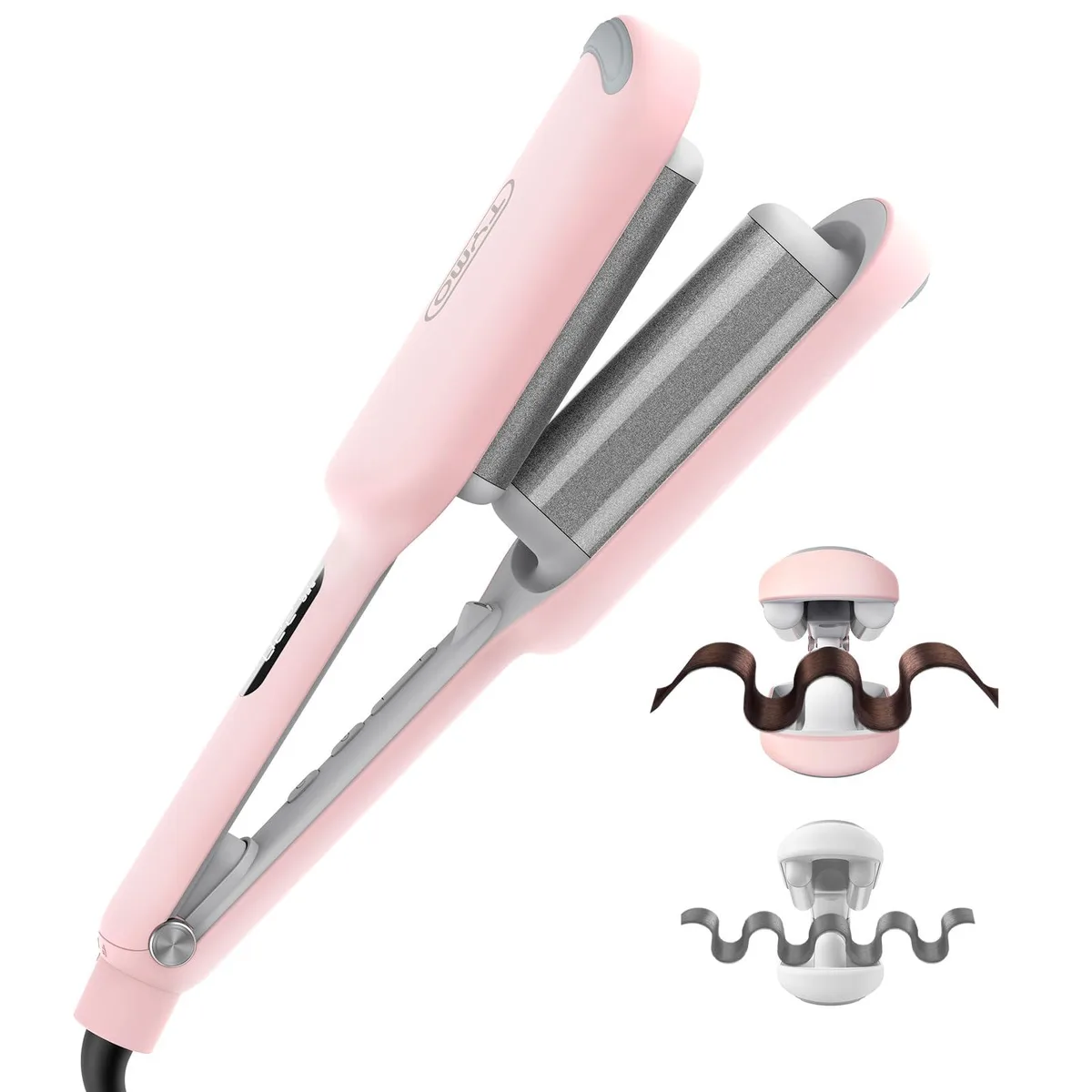 Pink three-barrel hair waver with ceramic coating and insulated tips