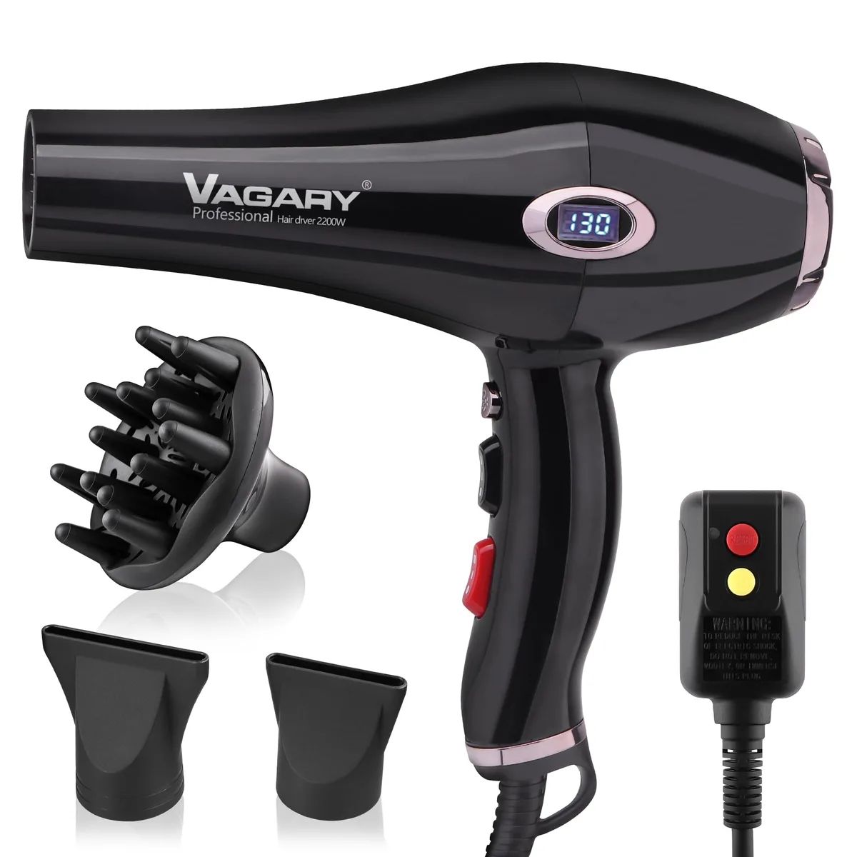 Gun-colour VAGARY 6685A hair dryer with diffuser, concentrator nozzle and hanging loop
