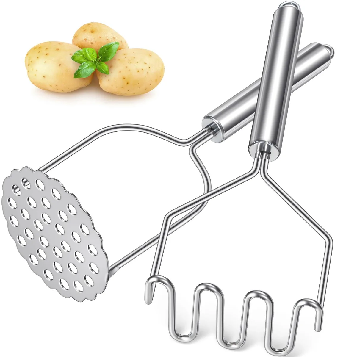 Two stainless steel potato mashers, 9.9 inches long, wavy and round-hole heads, silver finish, hanging hooks