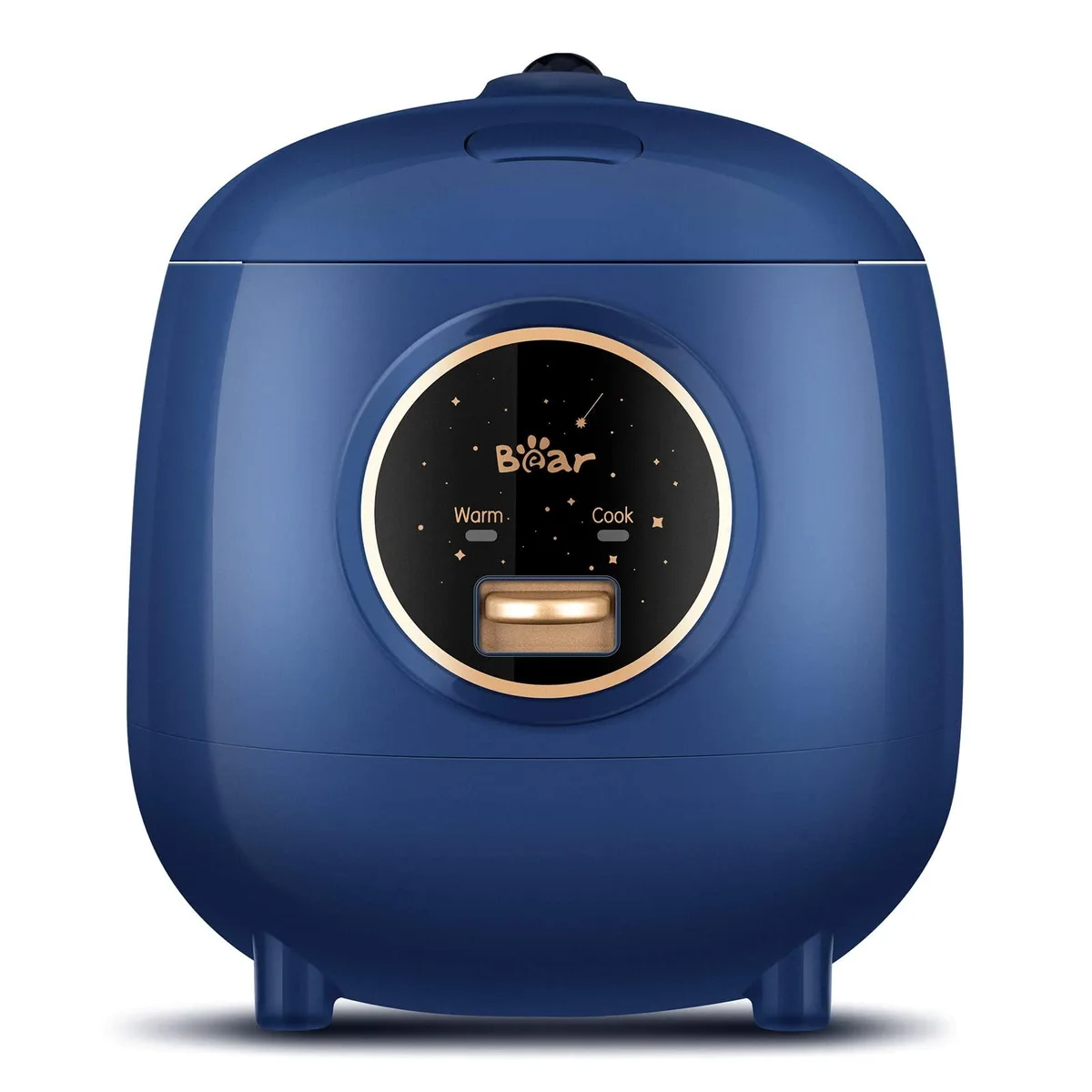 Compact blue mini rice cooker with plastic lid and body