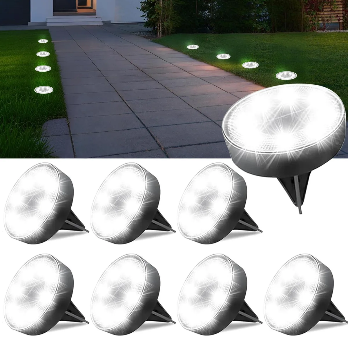 Eight smooth polypropylene solar ground lights with flat round tops and ground spikes