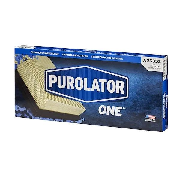 Rectangular pleated paper air filter in white frame with orange PurolatorONE branding