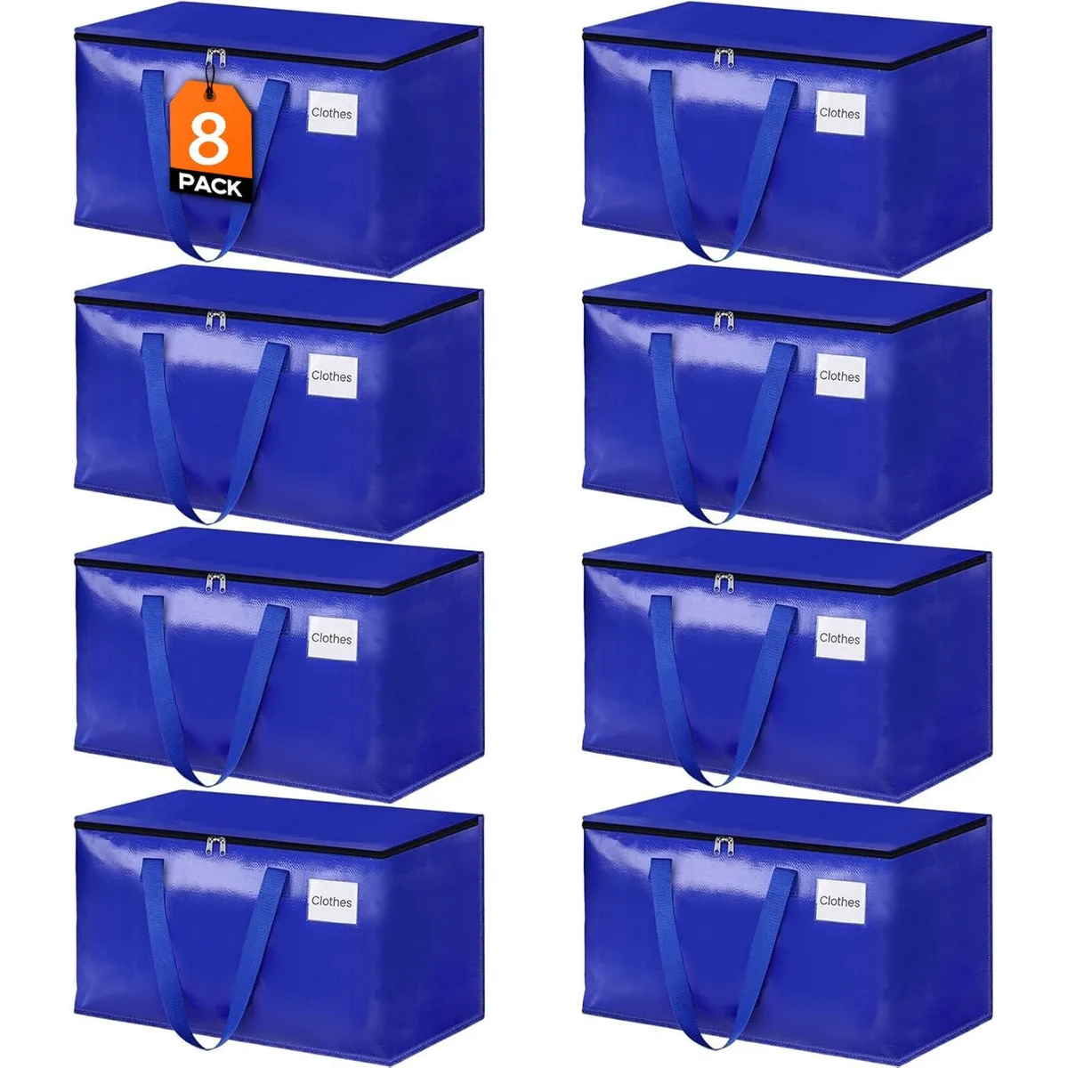 Eight blue polypropylene moving bags, collapsible, 93L each, dual zippers, reinforced handles, tag pocket