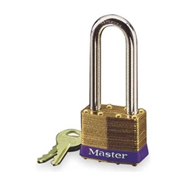 Solid brass rectangular padlock with steel shackle and keyway visible