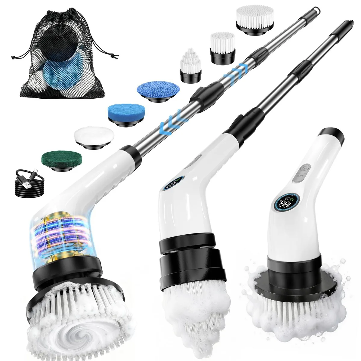 White cordless spin scrubber with long adjustable handle and interchangeable brush heads