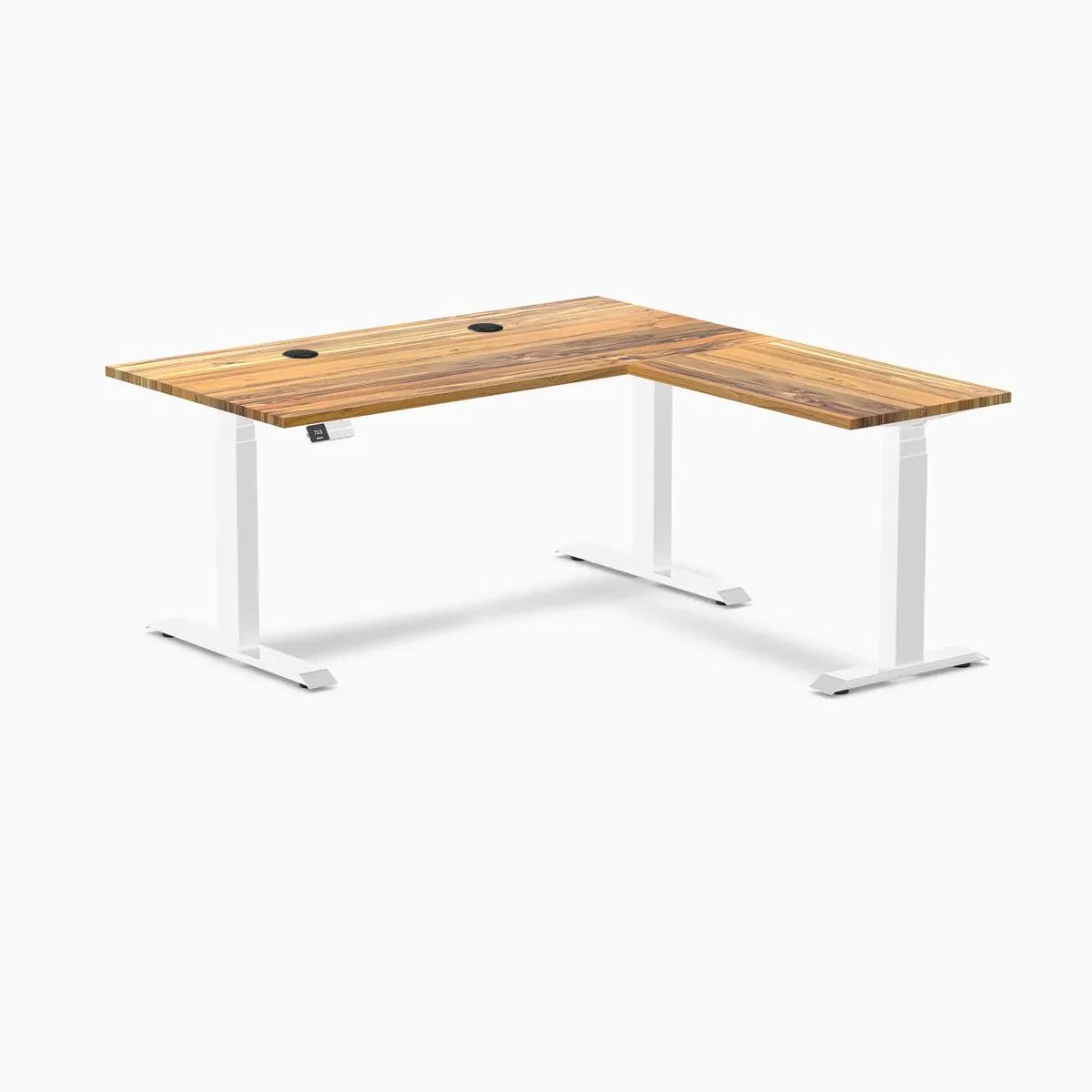 Desky Desky Hardwood L-Shape Sit Stand Desk Teak White 60 x 30 x 62 x 20 in with Grommets — product photo