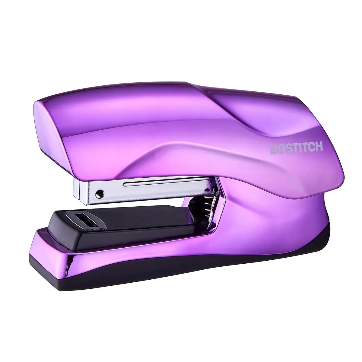 Compact metallic purple stapler, plastic body, rubber base, opens flat for tacking