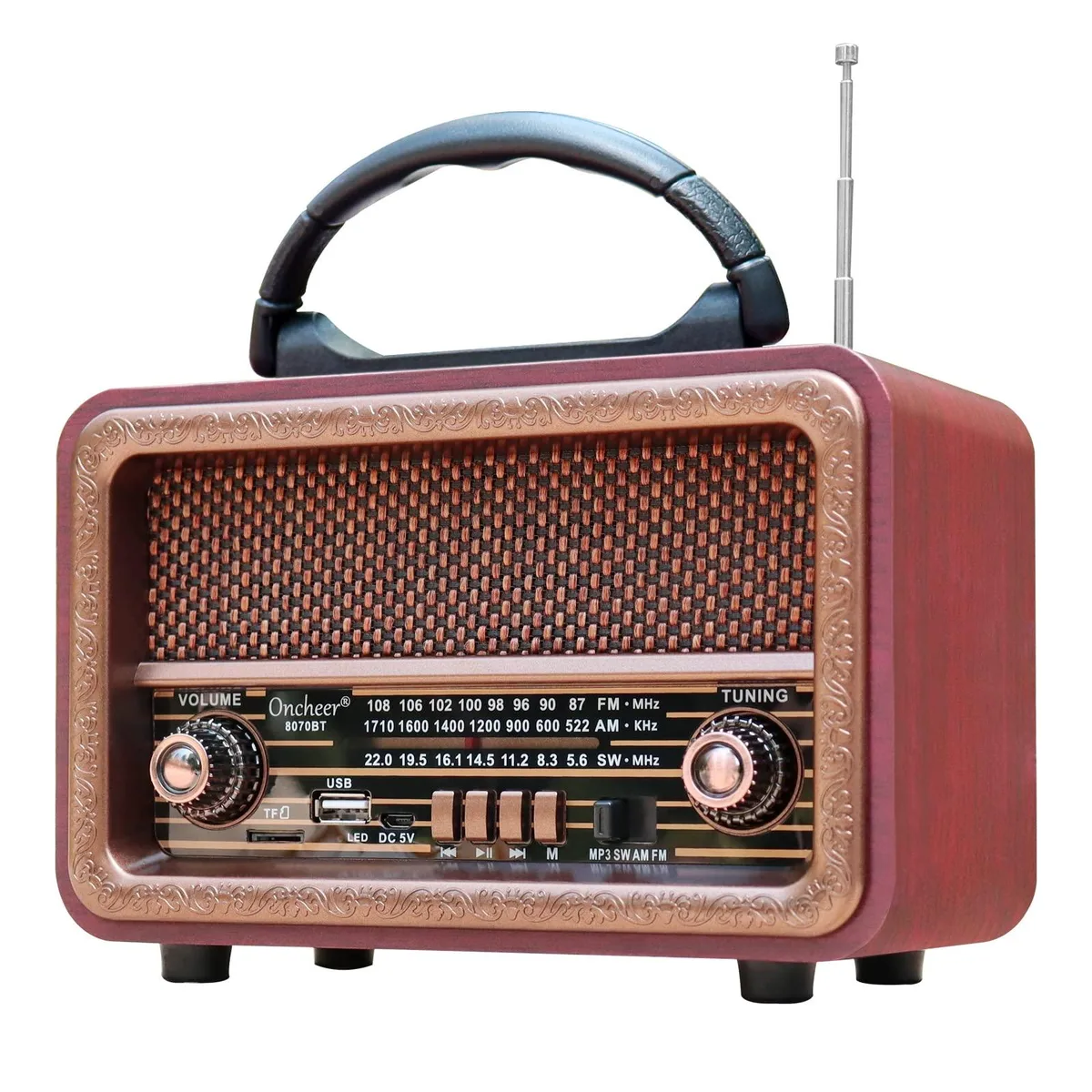 Wooden retro portable radio with carry handle, analogue tuning knob and fabric speaker grille