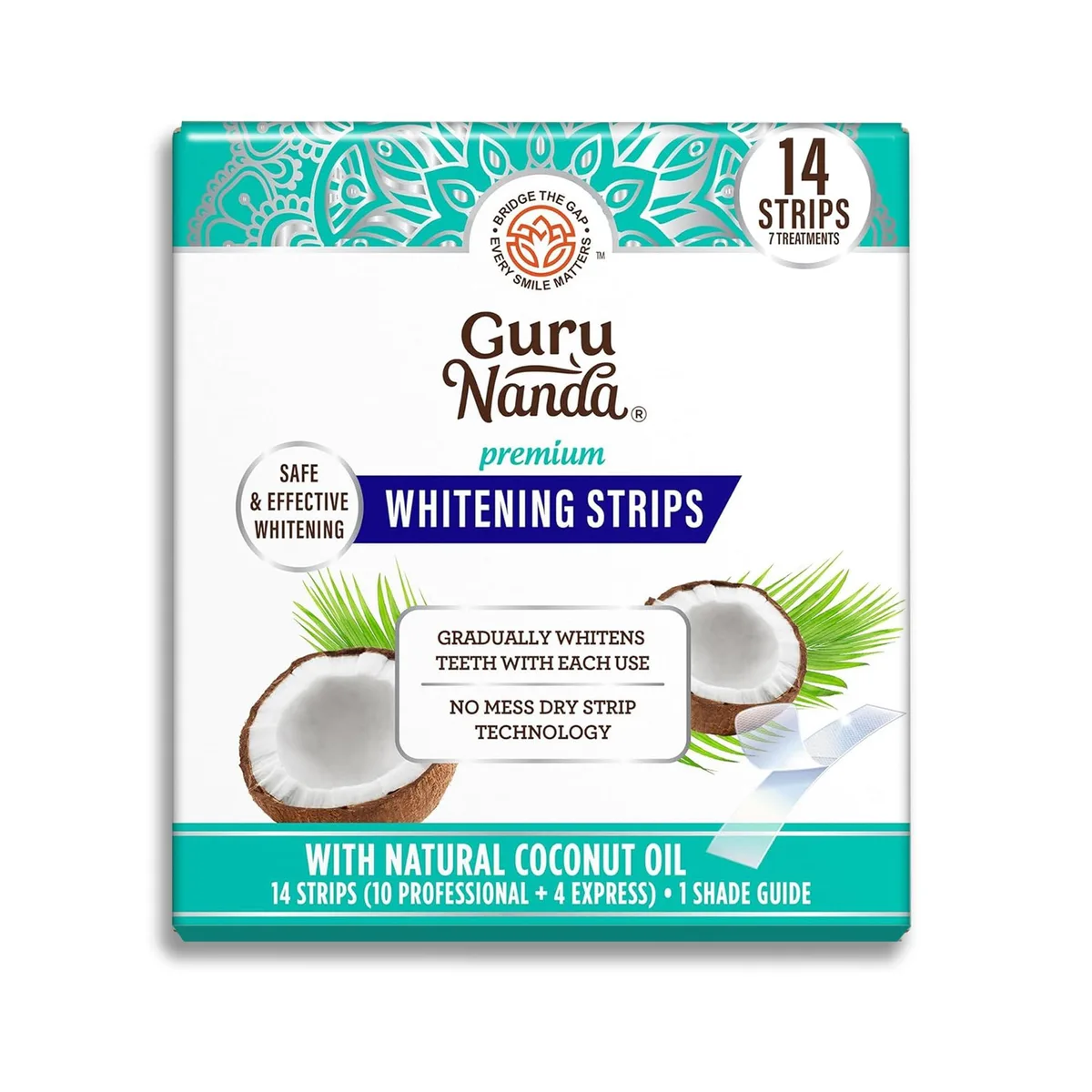 White rectangular box containing fourteen mint whitening strips in individual foil packets