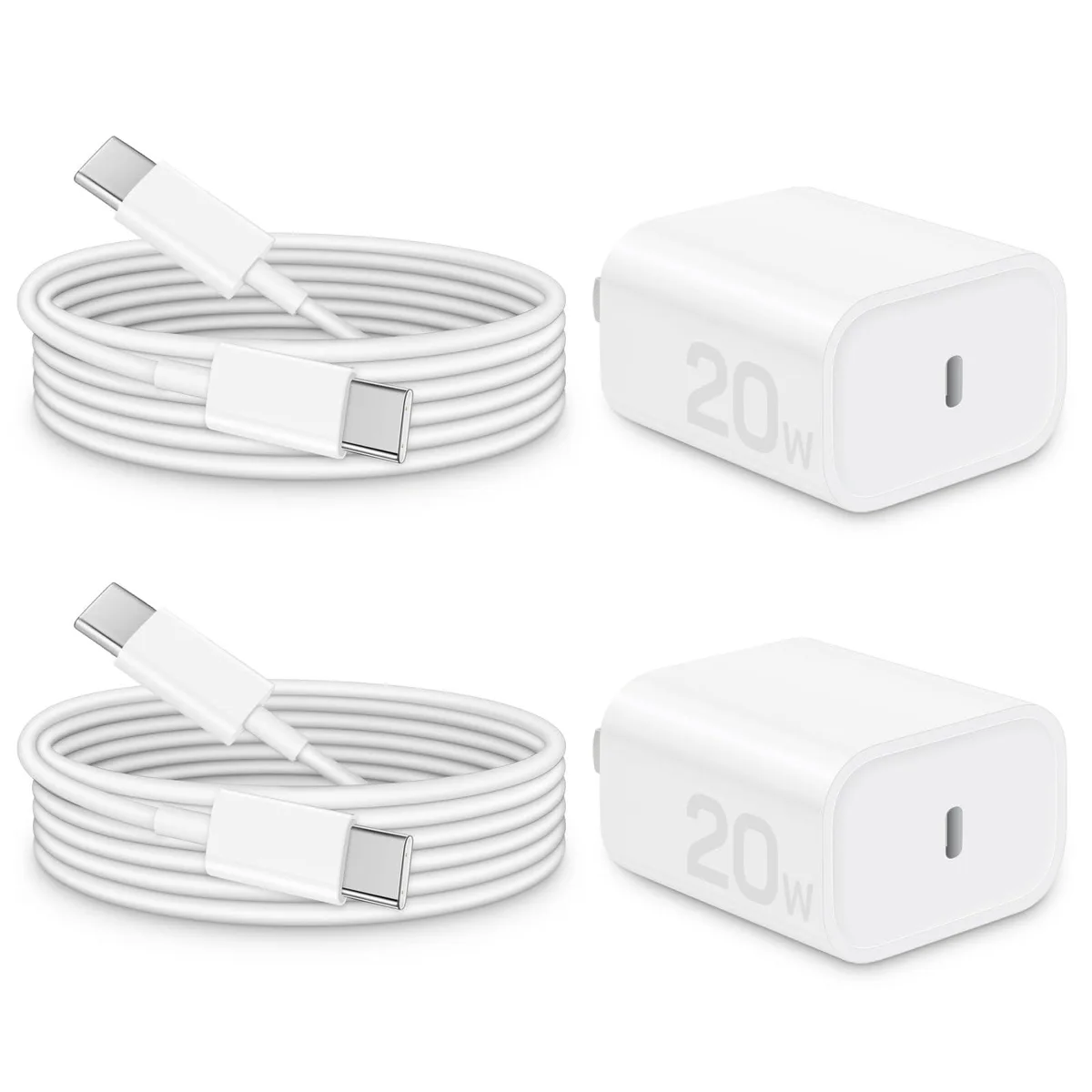 Two white compact USB-C wall chargers with two matching six-foot cables coiled beside them