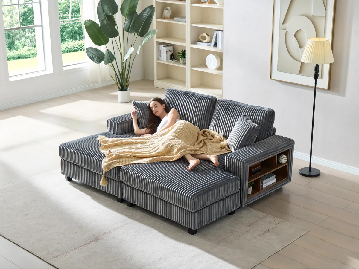 Dark Grey corduroy convertible sofa with wood frame