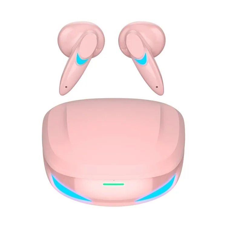 Pink true wireless earbuds in a matching charging case