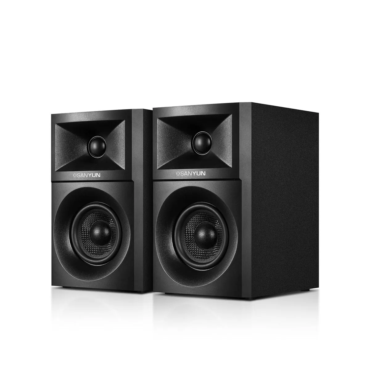 Pair of black desktop speakers with carbon fiber woofers and silk dome tweeters