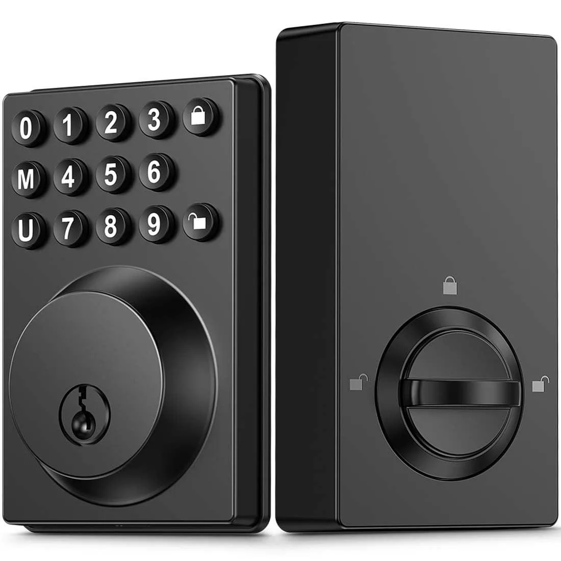 Matte black metal keypad deadbolt 2.8 by 1.3 by 4.3 inches with illuminated silicone keys and two spare keys