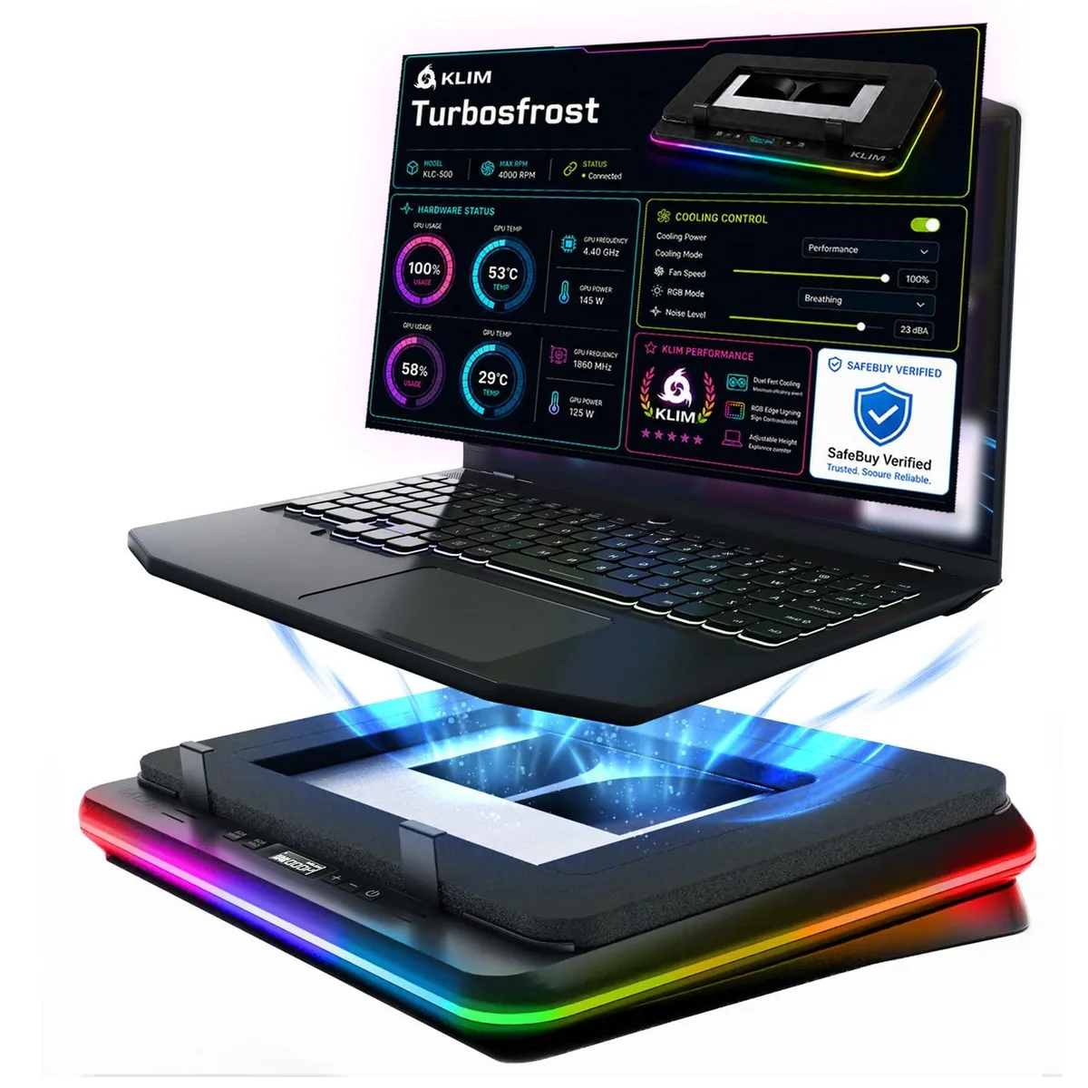  ENHANCE KLIM Turbofrost KLTUR6409 17.3" laptop cooling pad 4×4000 RPM 360° RGB 4 USB dual power — product photo