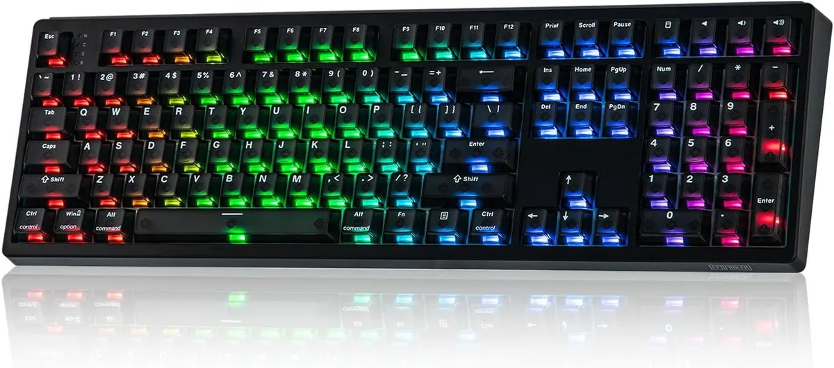 White full-size gaming keyboard with PBT keycaps and RGB backlighting