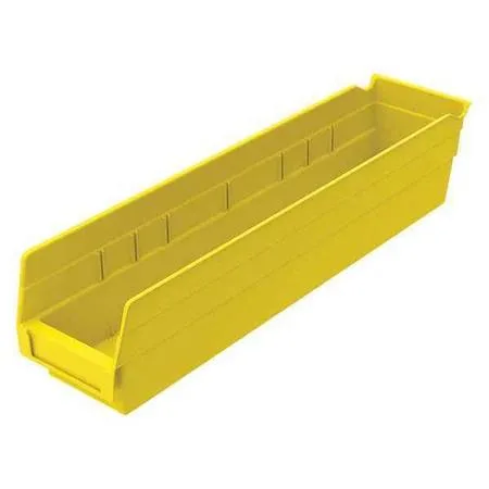Yellow plastic shelf bin, 17 7/8 in long, stackable with label area