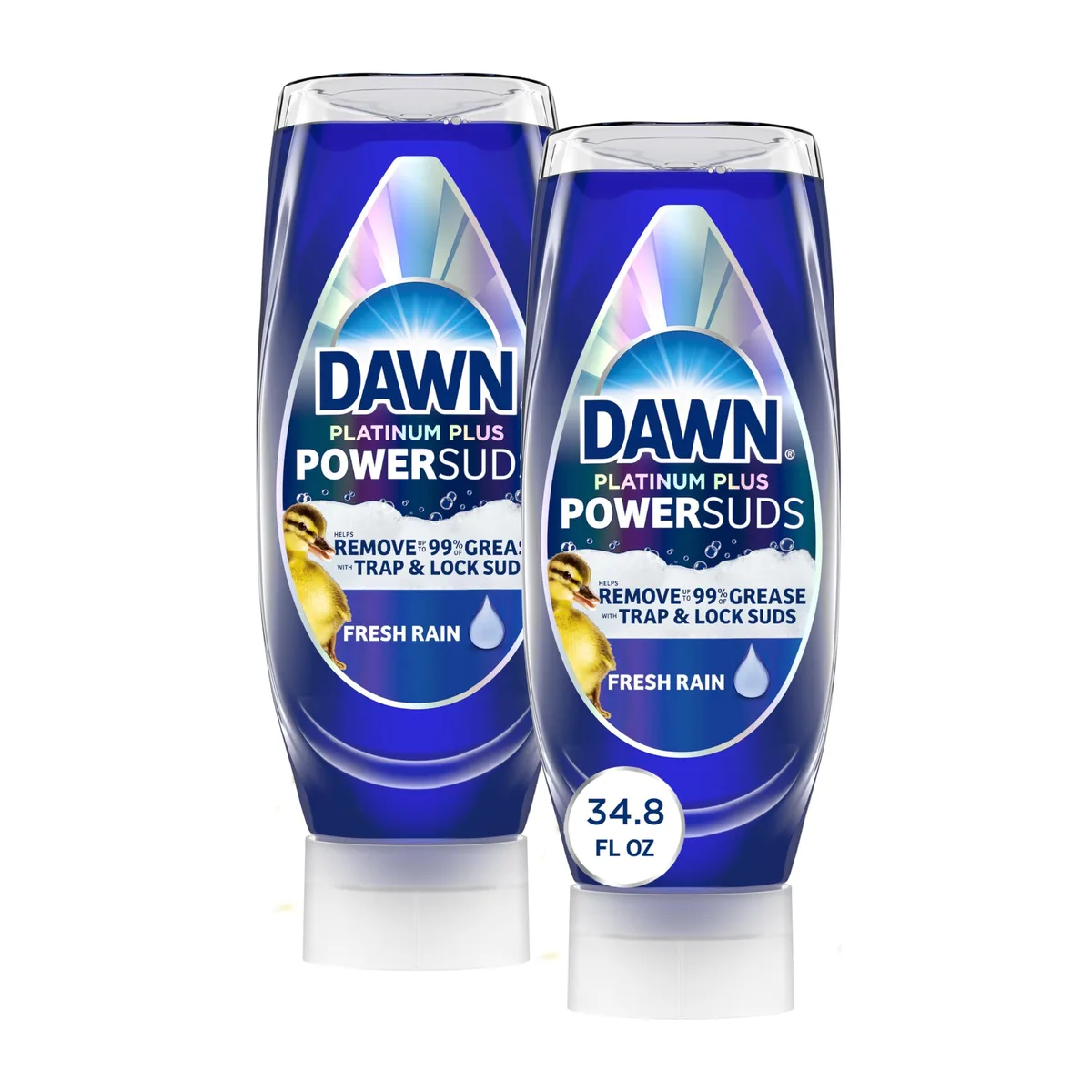 Two white upside-down squeeze bottles of dish soap, 17.4 fl oz each