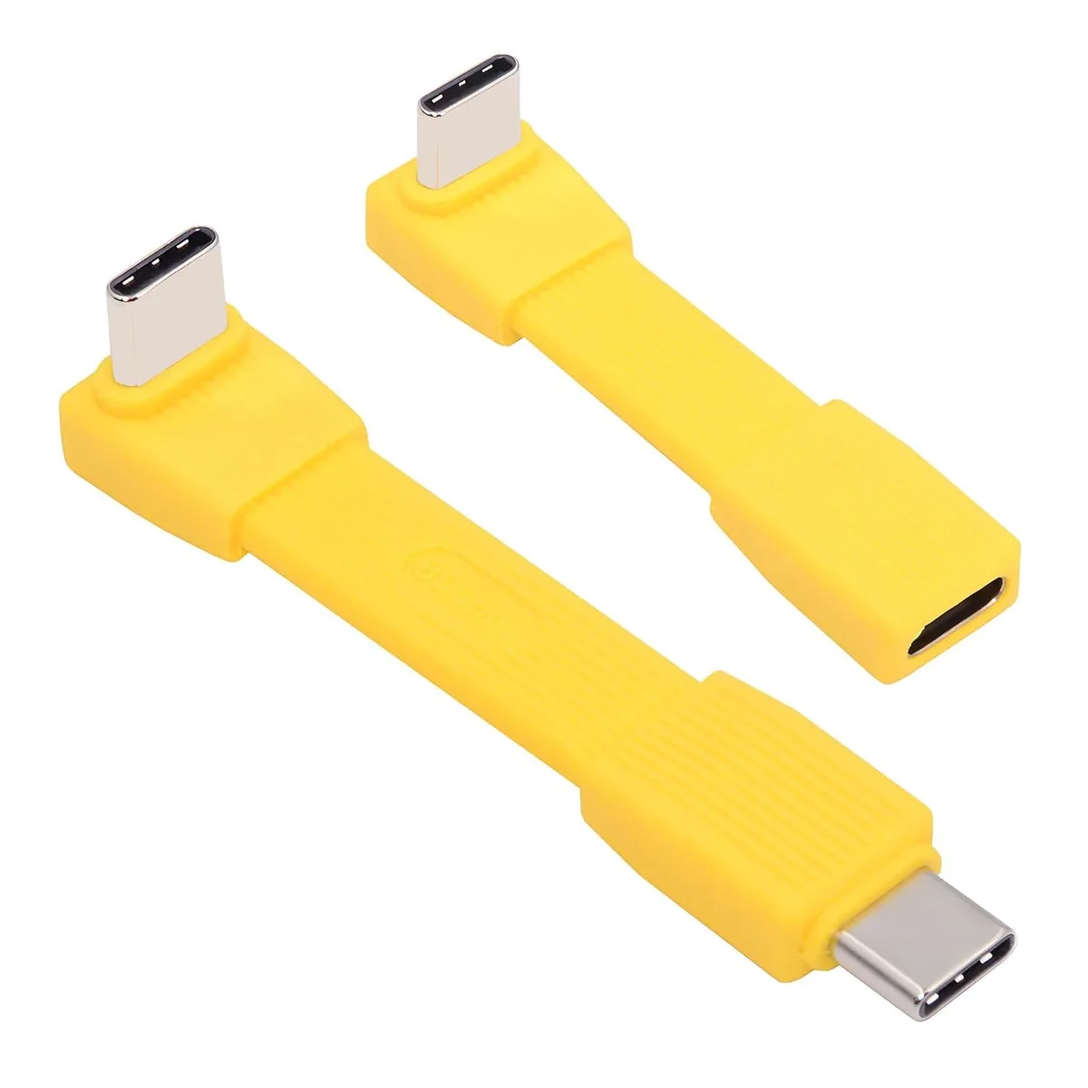 Two short yellow USB-C cables, one male-to-male and one male-to-female, flat ribbon style with 90-degree angled connectors