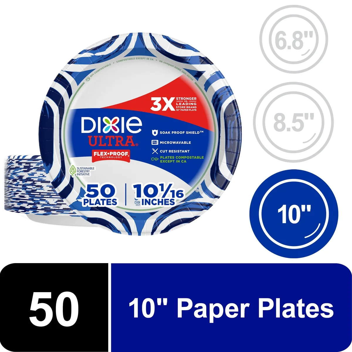 Stack of 50 multicolour 10 inch paper plates