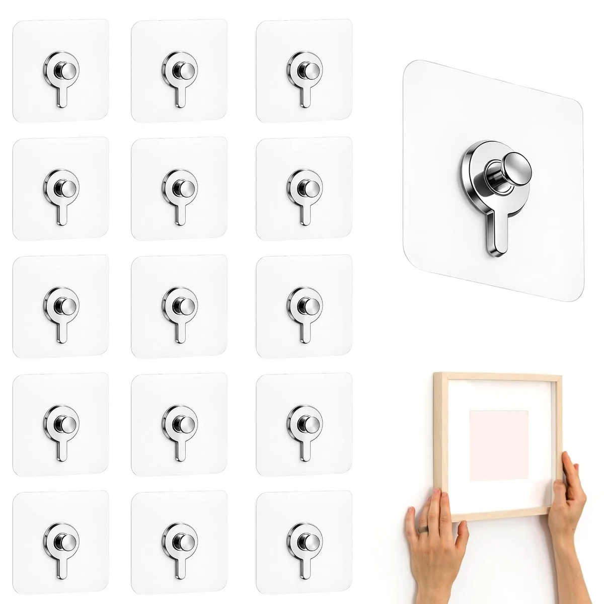 Pack of sixteen small square transparent adhesive hooks on a sheet