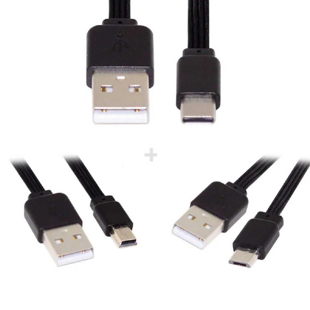 Three flat slim USB 2.0 cables: Type-A to Type-C, Micro, Mini, 13cm