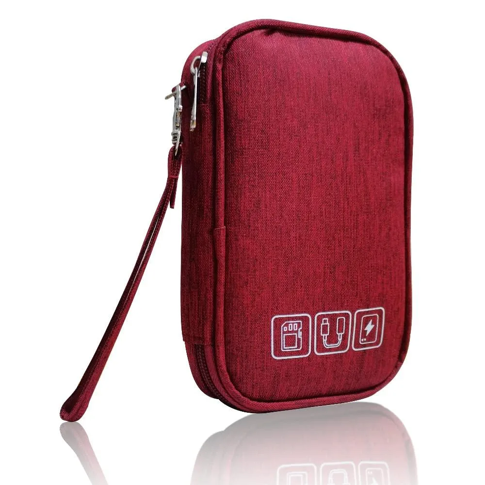 Red rectangular nylon electronics organiser with zip closure and mesh pockets visible