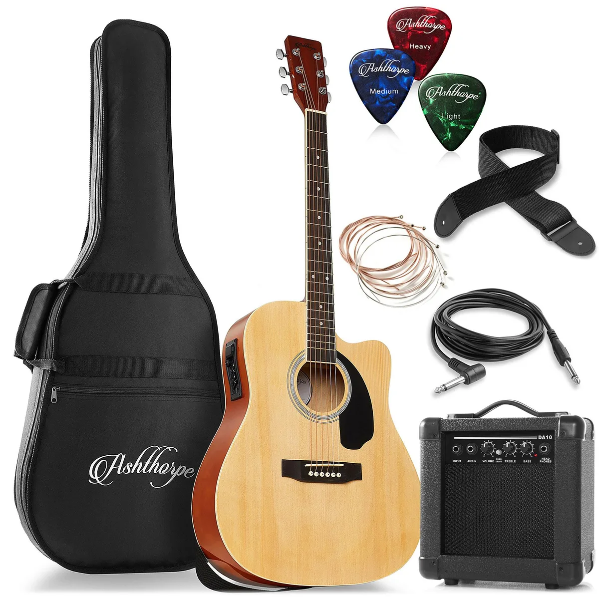 Ashthorpe Ashthorpe 41-Inch Dreadnought Cutaway Acoustic-Electric Guitar Package with 10 Watt Amp Natural — product photo