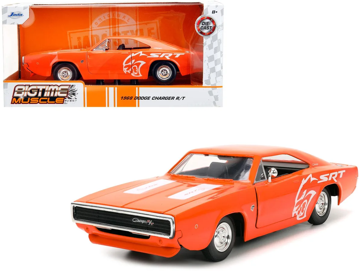 Jada Jada 1968 Dodge Charger R/T SRT Orange with White Stripes "Bigtime Muscle" 1/24 Diecast Hobby Collectible — product photo
