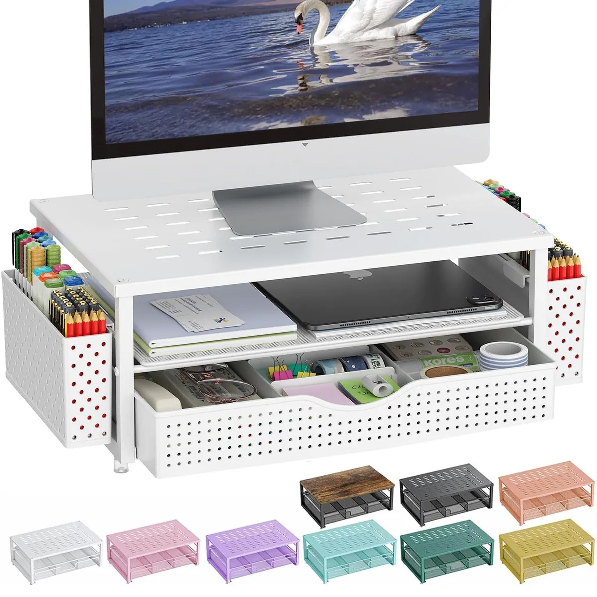 ARENTI ARENTI 2 in 1 Accessories Monitor Stand with Drawer and 2 Pen Holder White — product photo