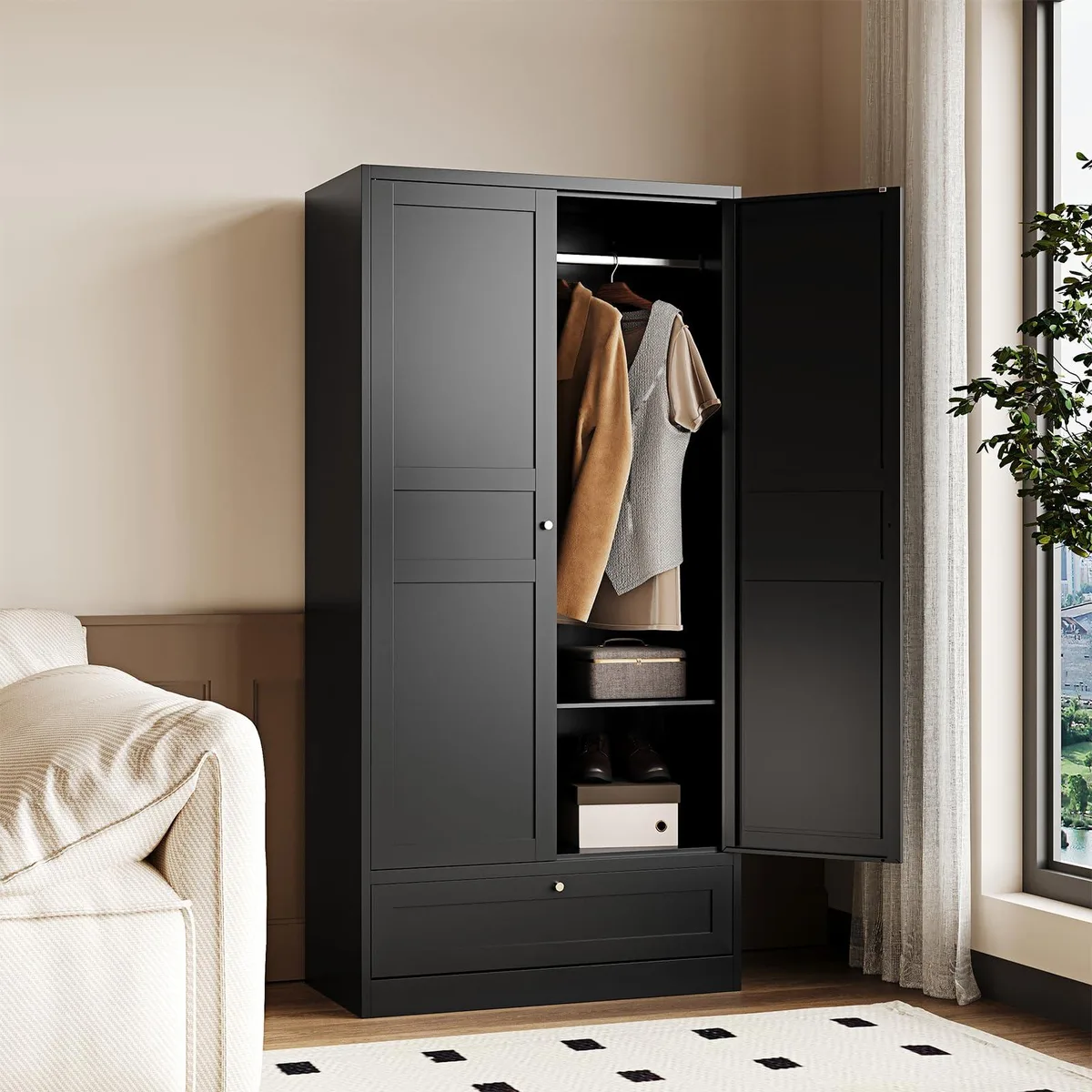 AFAIF AFAIF 72" Metal Wardrobe with Drawer, 2 Doors, Adjustable Shelves & Hanging Rod, Black, 72"H x 36"W x 18"D — product photo