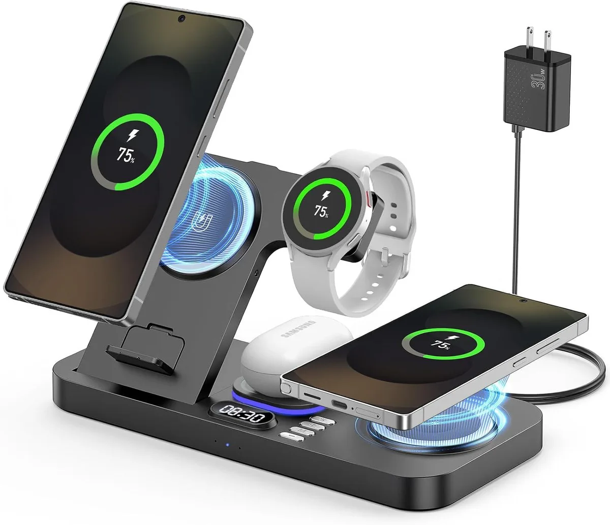 Luisport Luisport 6-in-1 Magnetic Wireless Charger 30W Dual Phone Watch Buds Clock Light — product photo