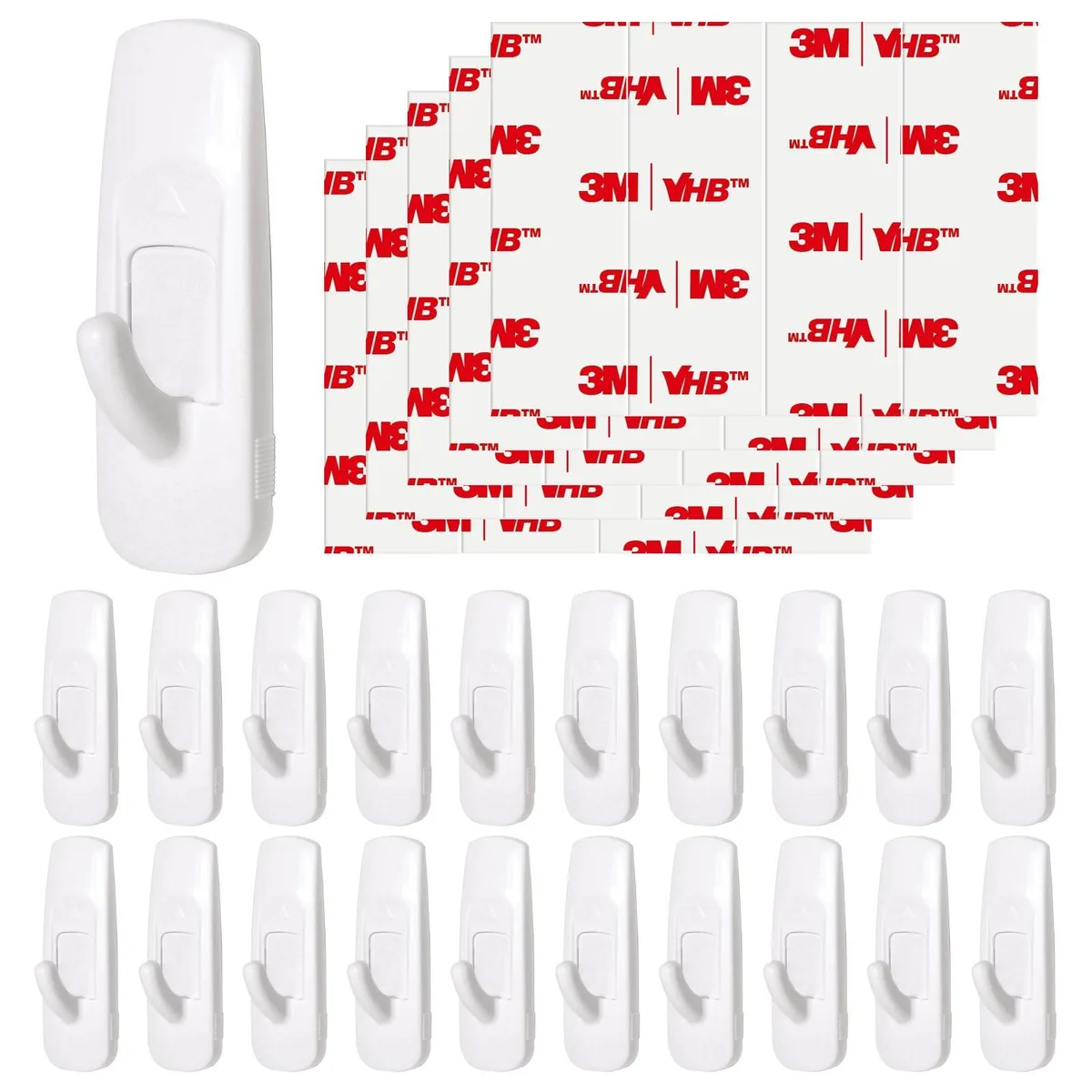White plastic adhesive hooks with powder-coated finish, twenty medium hooks and twenty-four strips shown on a flat surface