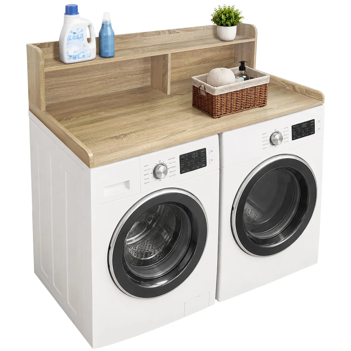 White oak two-tier laundry shelf with rounded edges and mounting brackets