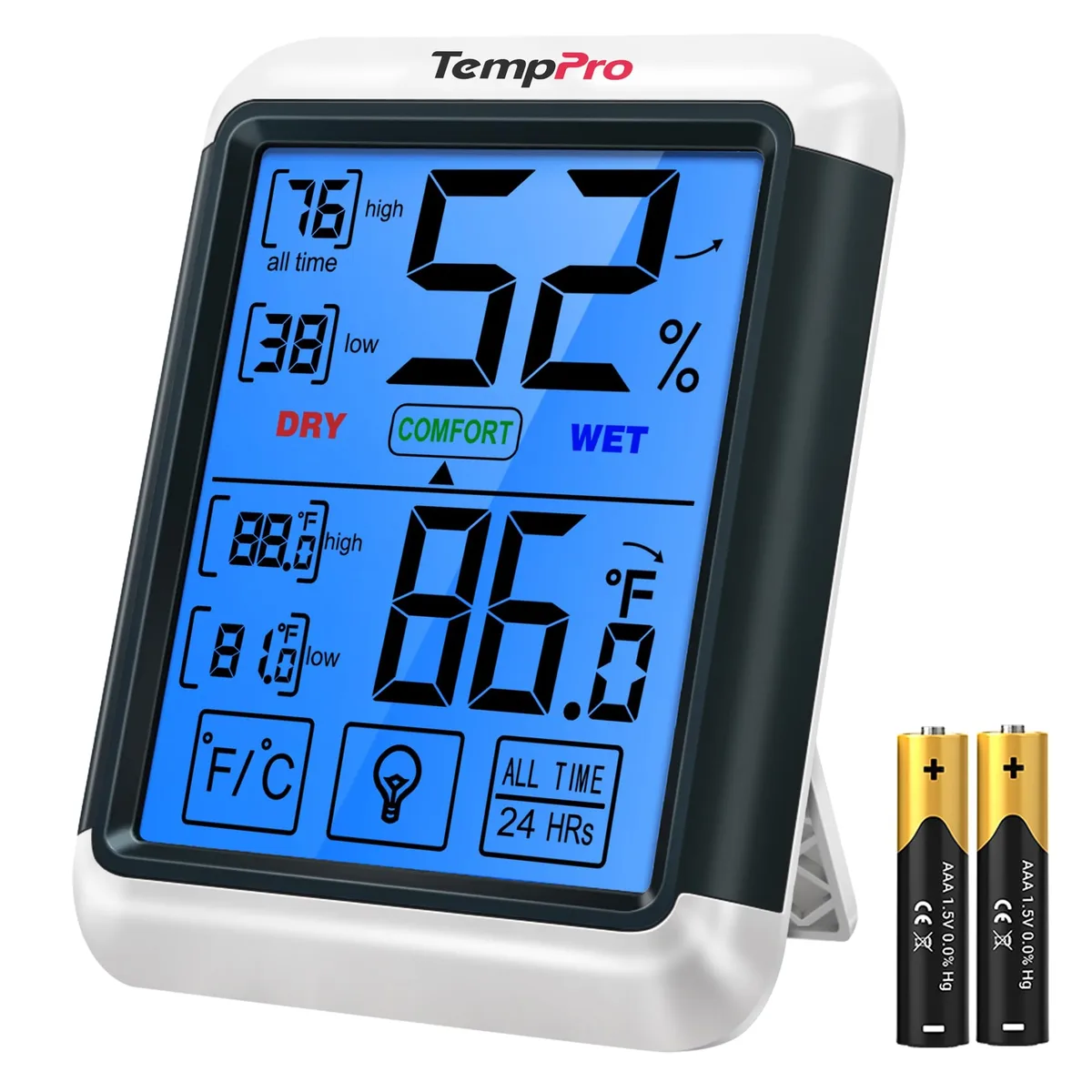 White and grey rectangular hygrometer thermometer with large touchscreen display showing temperature and humidity readings