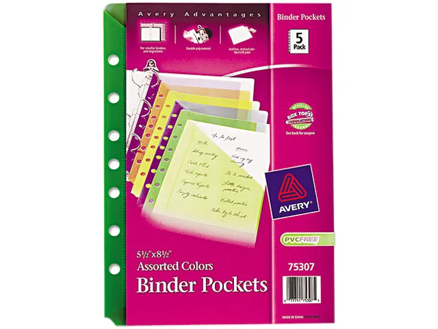 Avery Avery 75307 Small Binder Pockets 7-Hole 5.50 x 8.50 Assorted 5 Pack — product photo